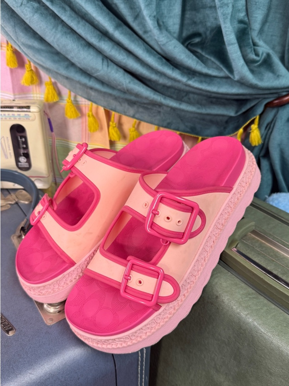 Coach Pink Two-Tone Platform Buckle Slide Sandals - Women